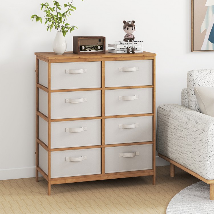 8-drawer dresser with removable beige fabric bins, sturdy bamboo frame, perfect for bedroom organization and display.