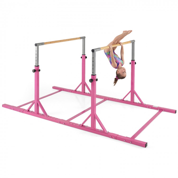 Pink 8 FT double horizontal bars showcasing adjustable height and width, perfect for safe gymnastics practice for kids.