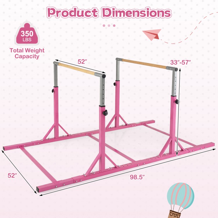 Double horizontal bars in pink with adjustable height and width, designed for gymnastics training and kids' safety.