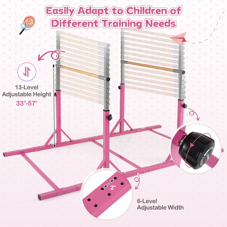 Pink 8 FT double horizontal bars showcasing the sturdy metal frame and triangular base for enhanced stability during.