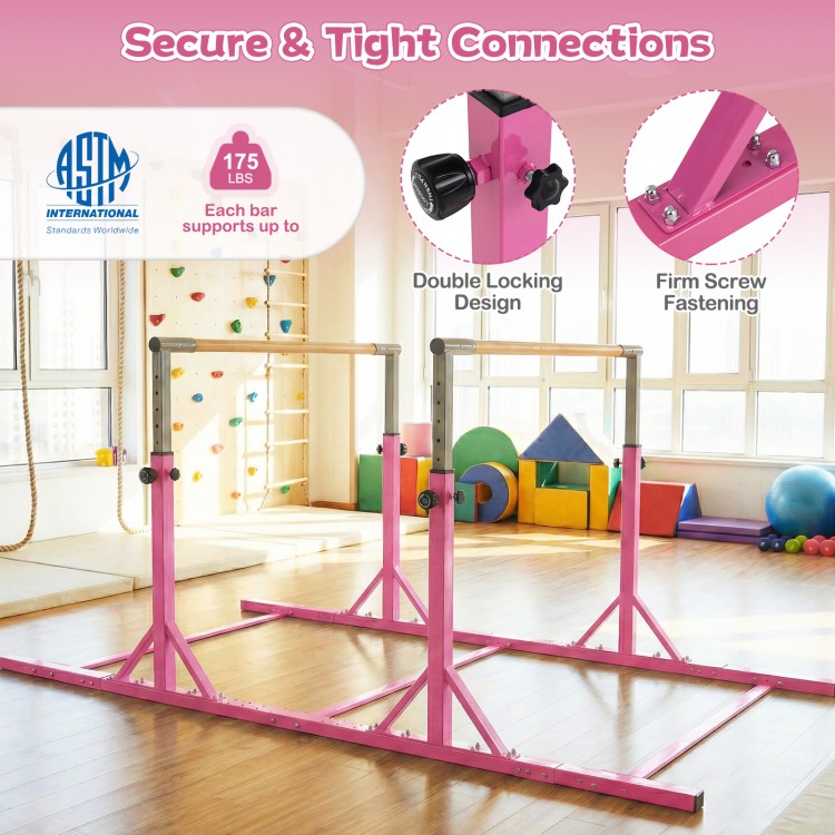 8 FT pink double horizontal bars with adjustable heights and widths, designed for stable gymnastics training at home.