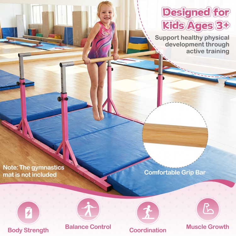 Double horizontal bars in pink with adjustable height and width for kids' gymnastics training, supporting up to 175 lbs.