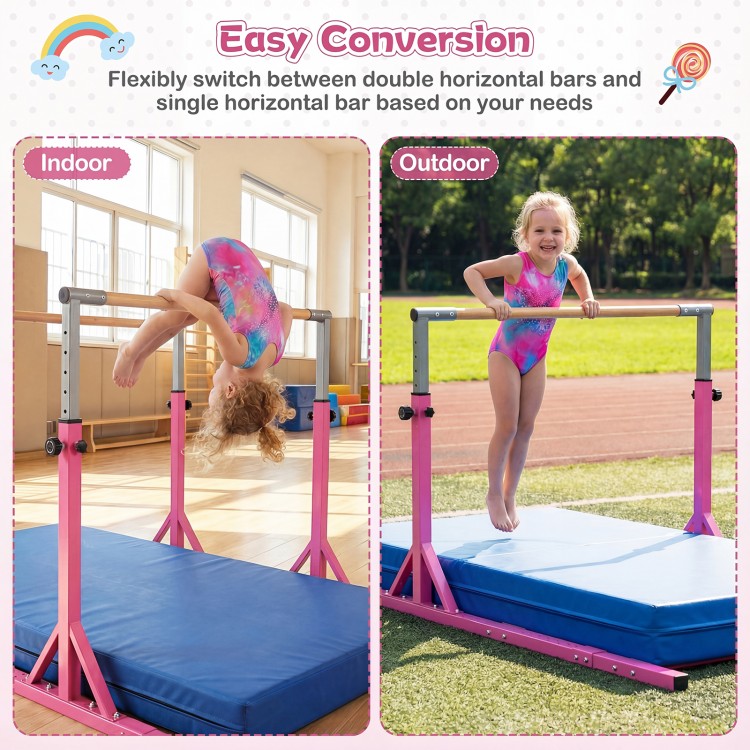 8 FT pink double horizontal bars with adjustable height and width, ideal for kids' gymnastics training indoors and.