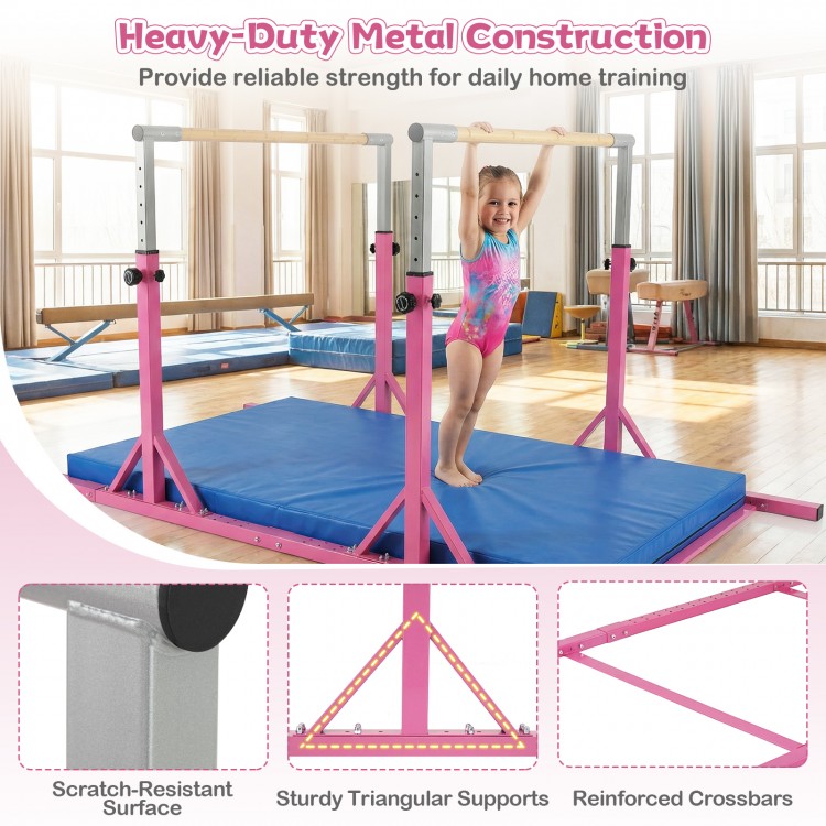 Double horizontal bars in pink with adjustable height and width, designed for kids' gymnastics training at home.