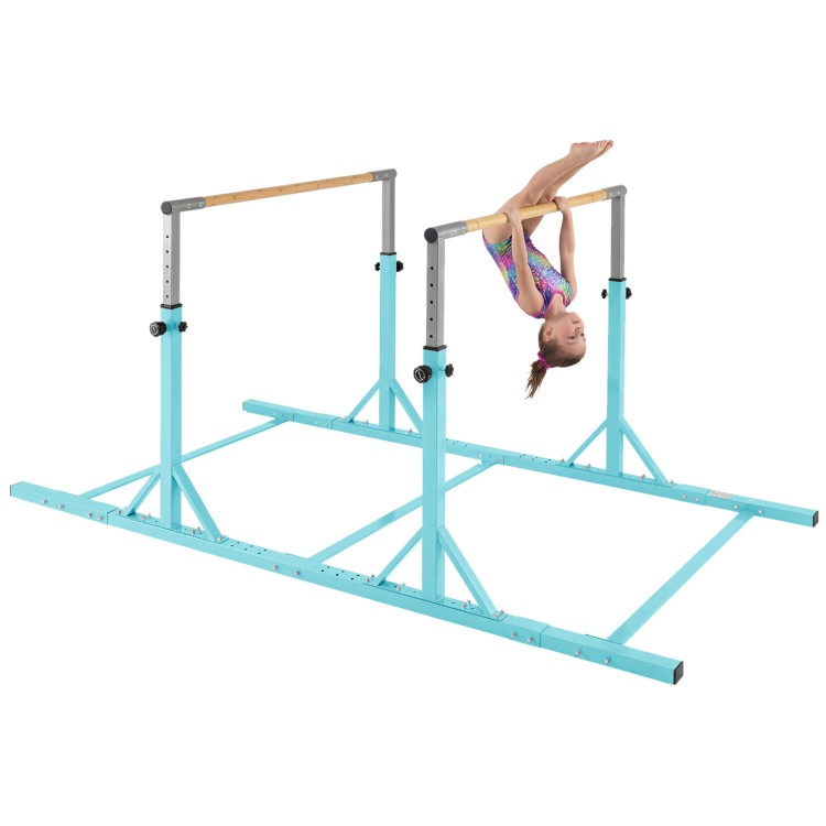 Double horizontal bars in turquoise with adjustable heights, ideal for kids' gymnastics training at home or in schools.