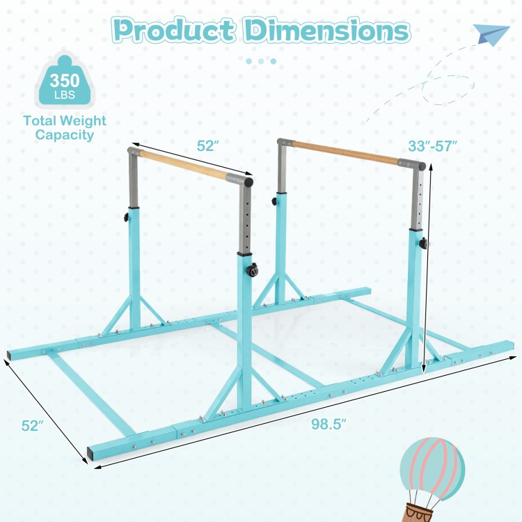 8 FT double horizontal bars in green with adjustable heights and widths, ideal for gymnastics training at home or.