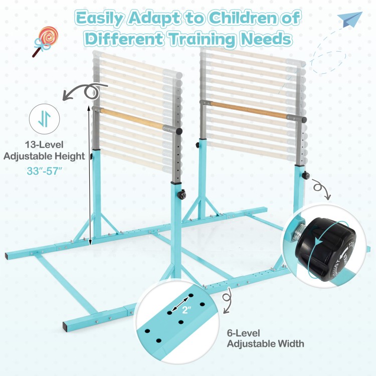 Double horizontal bars in green with adjustable height and width, ideal for kids' gymnastics training at home or.