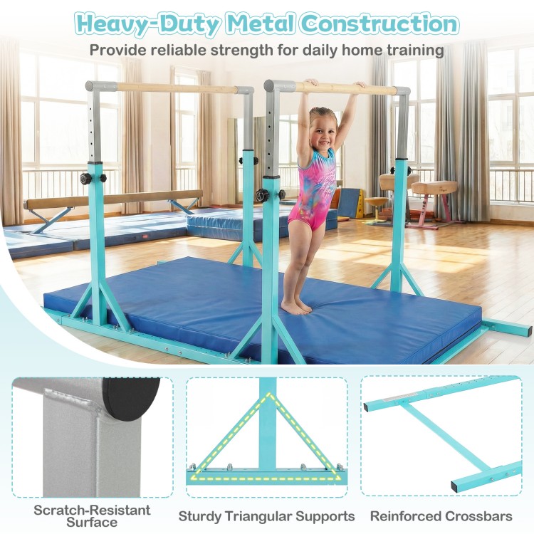 Double horizontal bars in green with heavy-duty metal construction, adjustable heights for kids' gymnastics training.