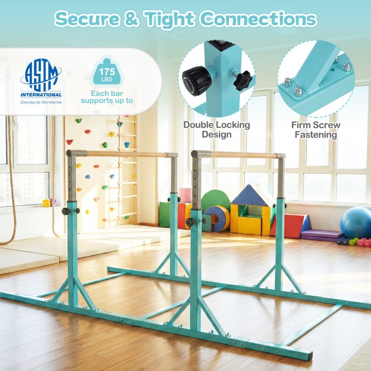 8 FT double horizontal bars in green with adjustable heights, designed for stable gymnastics training for kids.