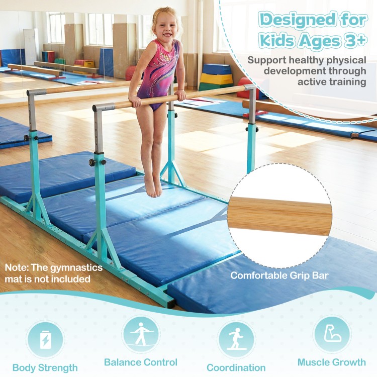 Double horizontal bars in green with adjustable heights for kids, designed for stable gymnastics training and safety.