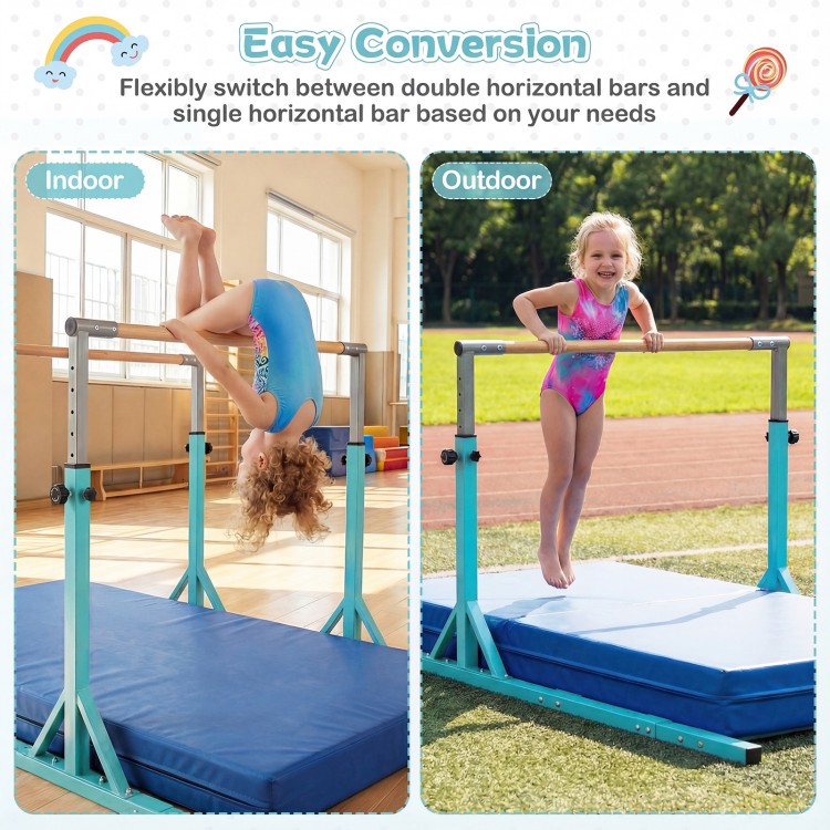 8 FT double horizontal bars in green, adjustable height and width, ideal for indoor and outdoor gymnastics training.