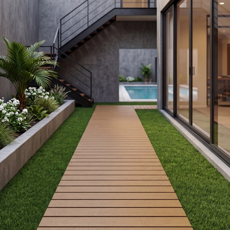 8 feet brown roll-out patio boardwalk with textured anti-slip surface, ideal for poolside paths and backyard decoration.