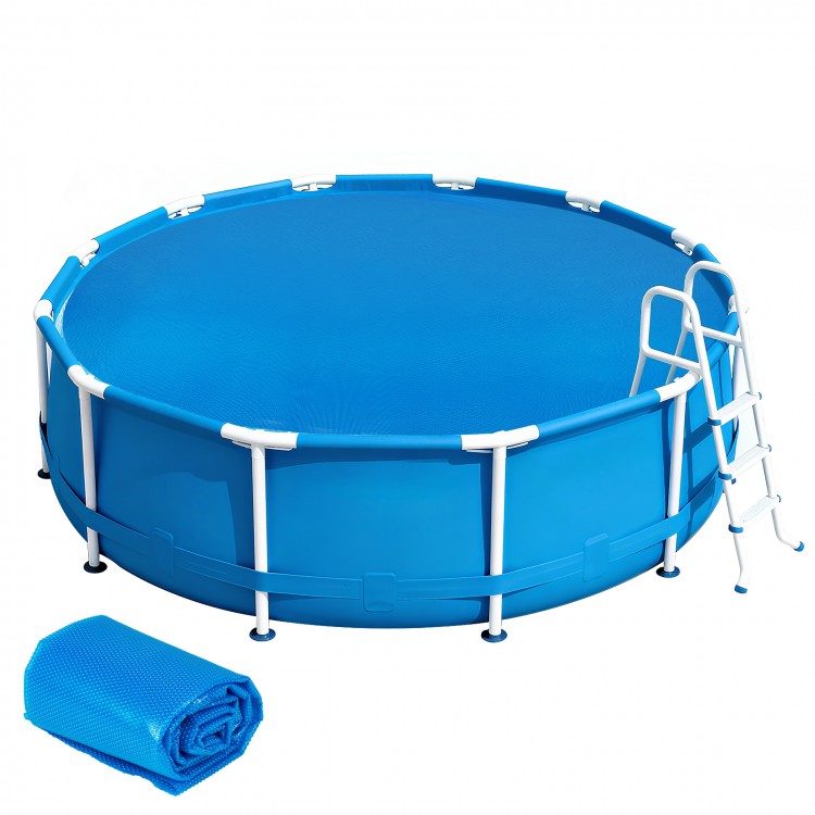 Round 8-foot solar pool cover in blue, made of durable PE material, reduces evaporation and retains heat for swimming.