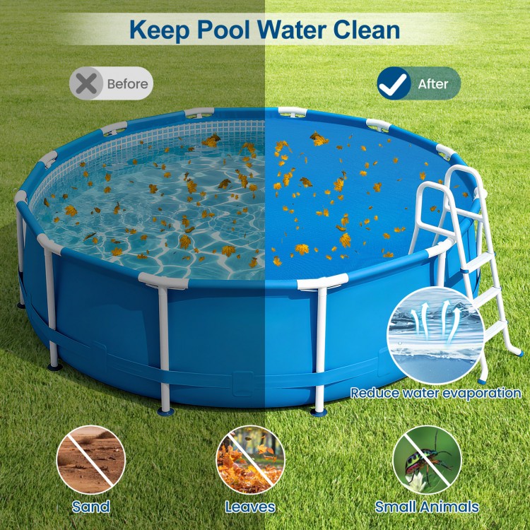 Round solar pool cover showing before and after effects, made of durable PE material, reduces evaporation and keeps.