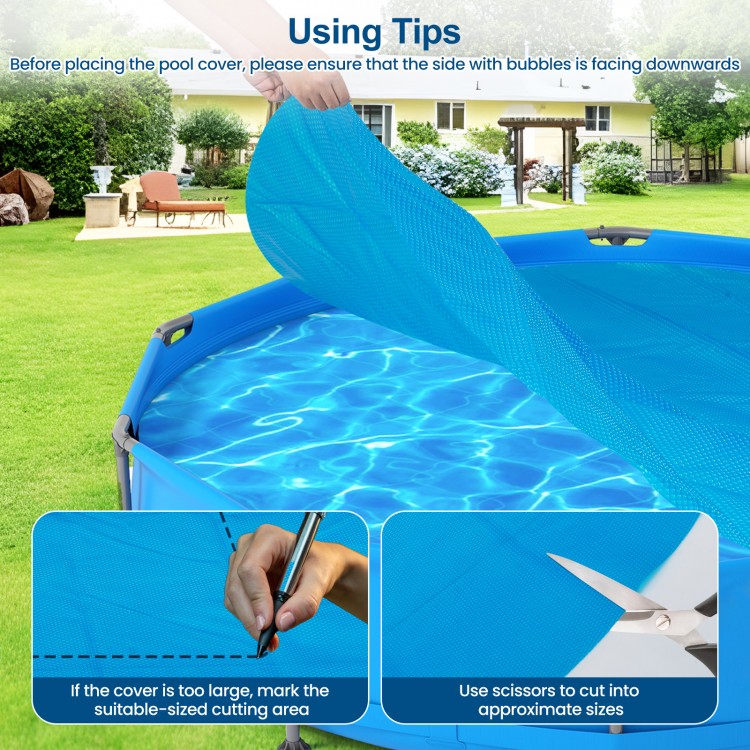 Round 8 feet solar pool cover with bubble design, made of durable PE material, prevents debris and retains heat.