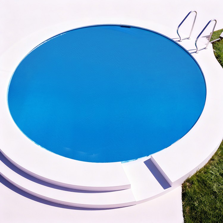 Round solar pool cover in blue, 8 feet, made of durable PE material, prevents debris and retains heat for swimming.