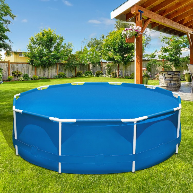 Round 8-foot solar pool cover in blue, made of durable PE material, designed to retain heat and reduce debris for pools.