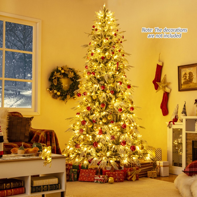 8-foot snow-flocked artificial Christmas tree with warm white LED lights, perfect for festive holiday decor.