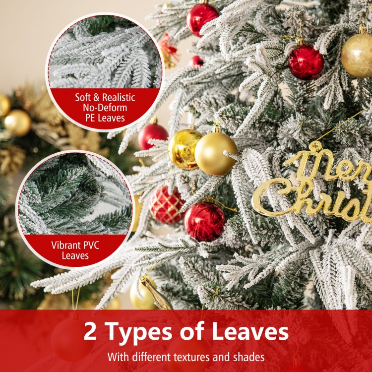 Snow-flocked artificial Christmas tree with realistic PE and vibrant PVC leaves, showcasing two types of foliage.