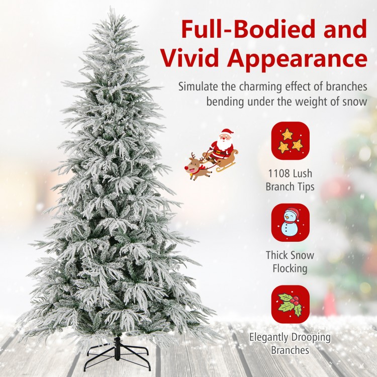 8-foot snow-flocked artificial Christmas tree with 1108 branch tips and warm white LED lights for festive decor.