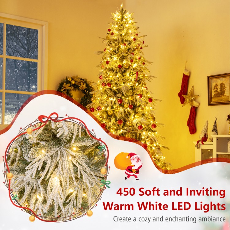 8-foot snow-flocked artificial Christmas tree with 450 warm white LED lights, creating a cozy holiday ambiance.