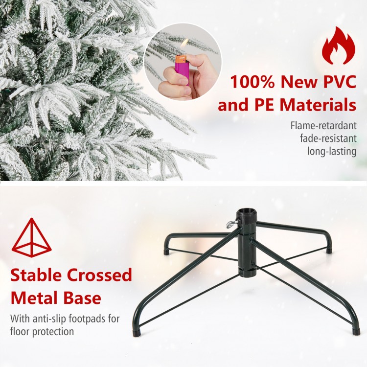 Snow-flocked artificial Christmas tree with 450 pre-lit LED lights and a stable metal base for easy setup and storage.