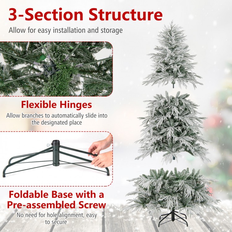 8-foot snow-flocked artificial Christmas tree with pre-lit warm white LED lights and hinged branches for easy setup.