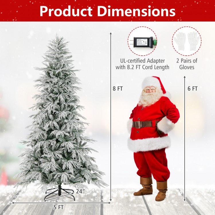 8-foot snow-flocked artificial Christmas tree with warm white LED lights, featuring a foldable metal base for easy.
