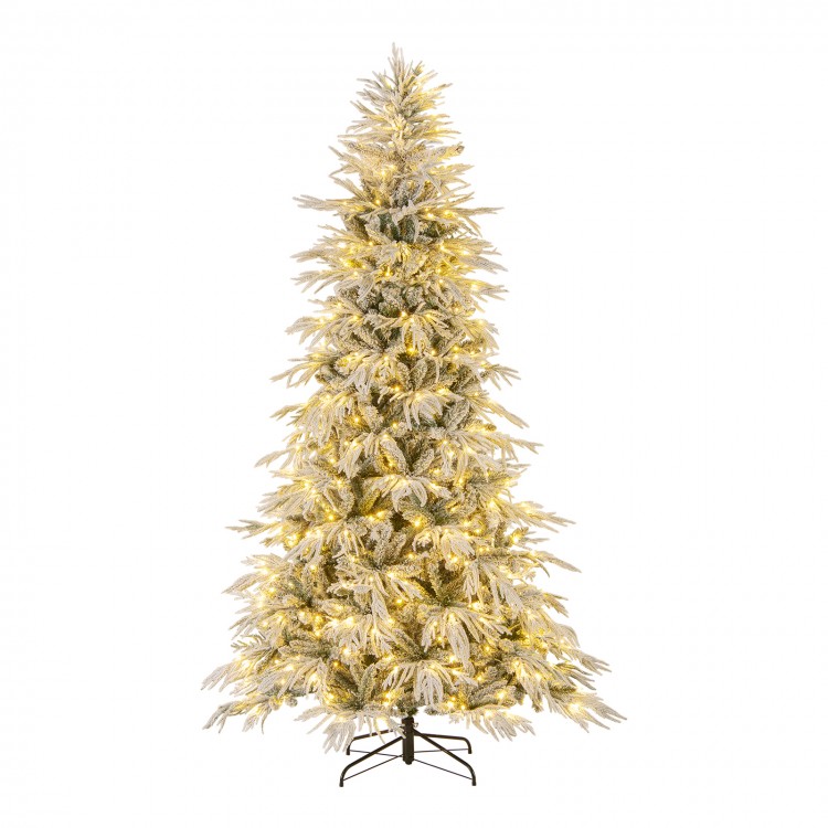 8-foot snow-flocked artificial Christmas tree with warm white LED lights, featuring a hinged design and foldable metal.