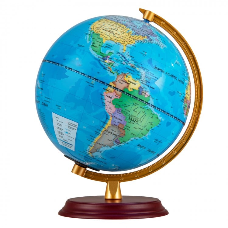 8-inch illuminated world globe with HD map and wooden stand, ideal as a night light and educational tool.