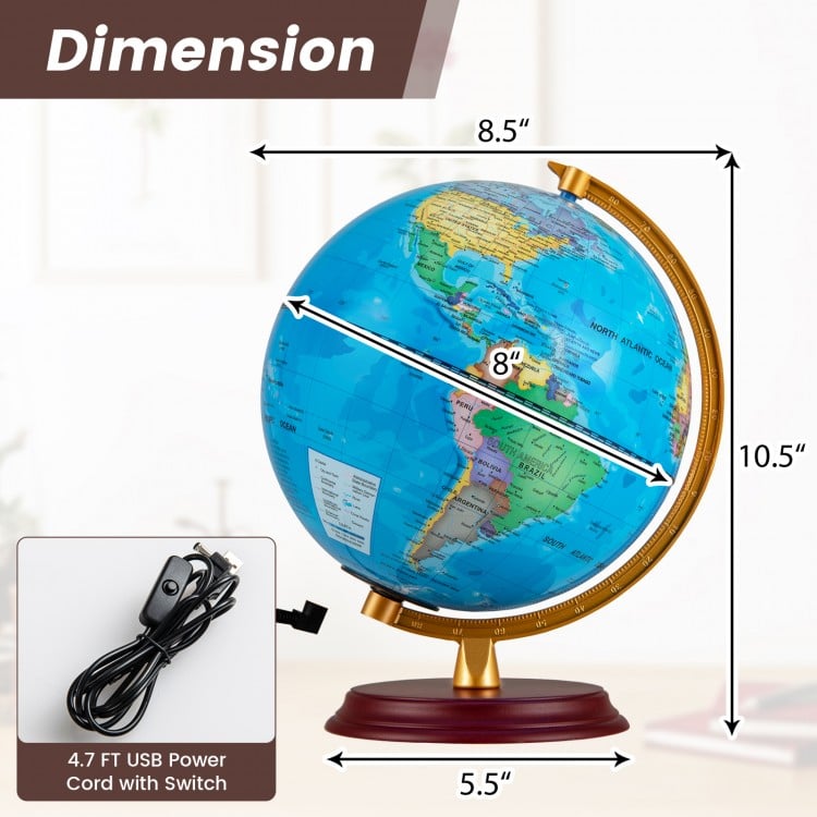 8-inch illuminated world globe lamp with a wooden stand, featuring clear HD map details and a USB power cord for easy.