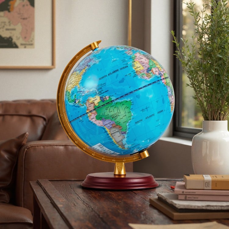 Illuminated 8-inch world globe lamp with blue HD map and wooden stand, ideal for decoration and learning.
