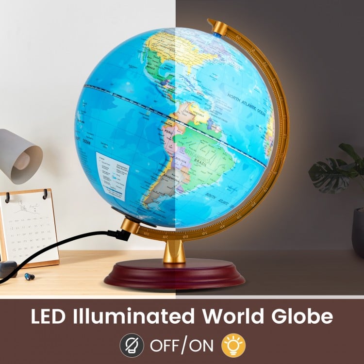 8-inch illuminated world globe lamp with HD map and wooden stand, ideal for decoration and learning tool.