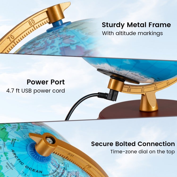 Sturdy metal frame with altitude markings and USB power port for the 8-inch illuminated world globe night light.