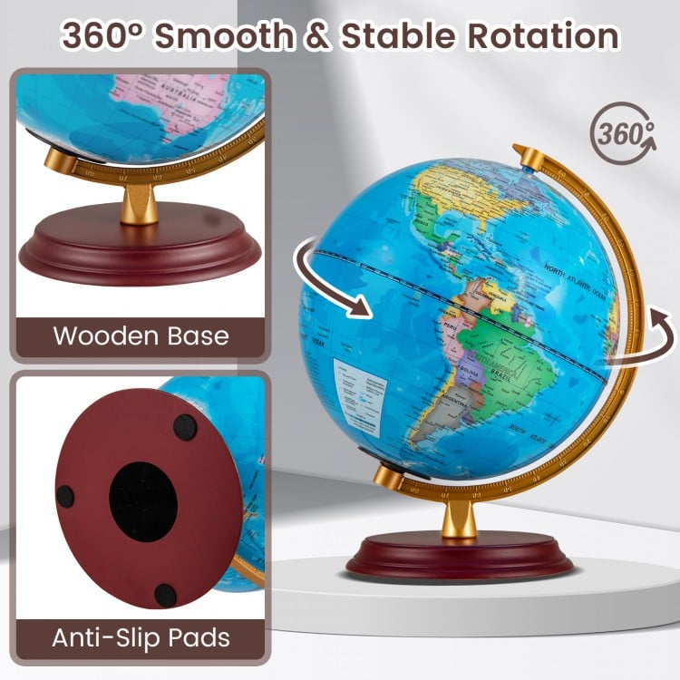8-inch illuminated world globe with a wooden stand, featuring clear HD map and smooth 360° rotation for educational use.
