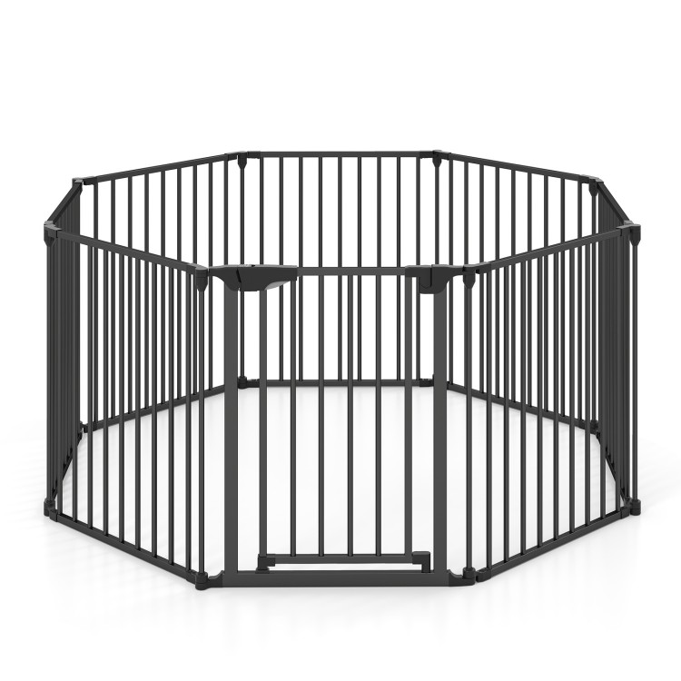 8-panel adjustable baby gate in black with auto-close door, ideal for child safety and pet containment in various.