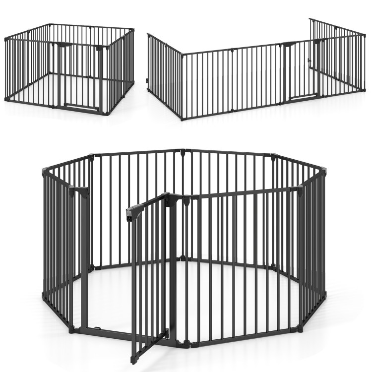 8-panel adjustable baby gate in black with auto-close door, ideal for safety around stairs and fireplaces.