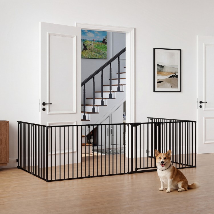 8-panel adjustable pet safety fence in black with auto-close door, ideal for keeping pets safe in various spaces.