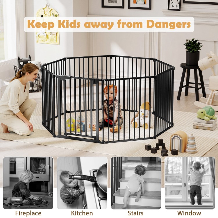8-panel black baby gate with auto-close door, adjustable from 34.5-154", ideal for keeping kids safe from dangers.