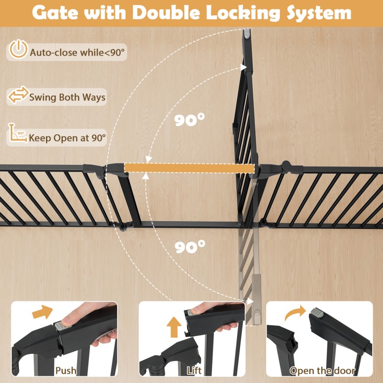 8-panel black baby gate with double locking system, adjustable from 34.5-154", ideal for safety around stairs and.