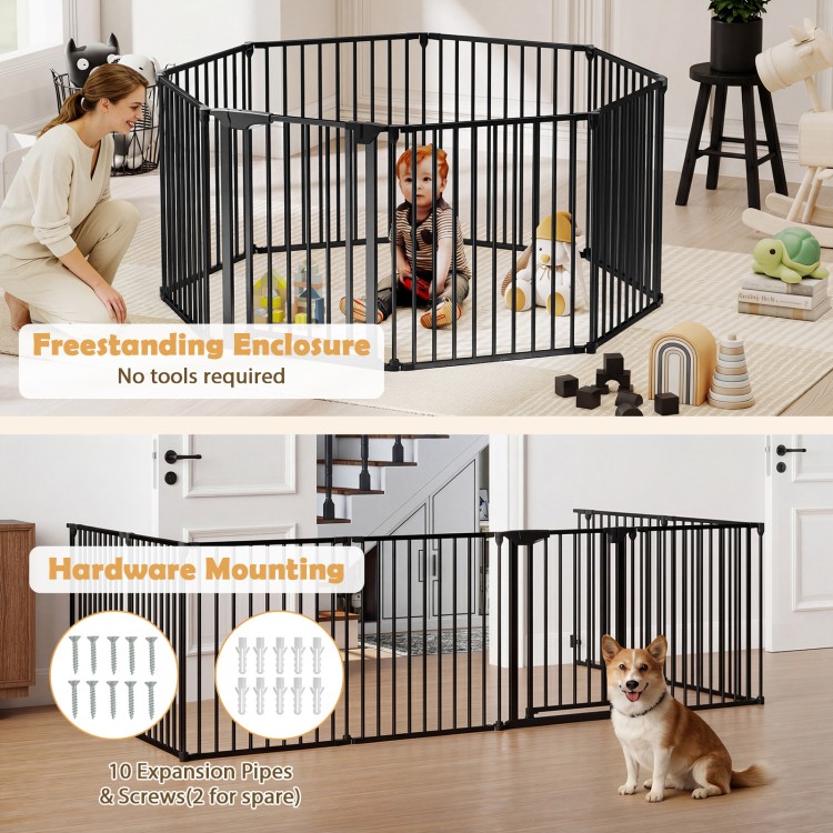 8-panel black baby gate with auto-close door, adjustable from 34.5-154", ideal for child and pet safety indoors.
