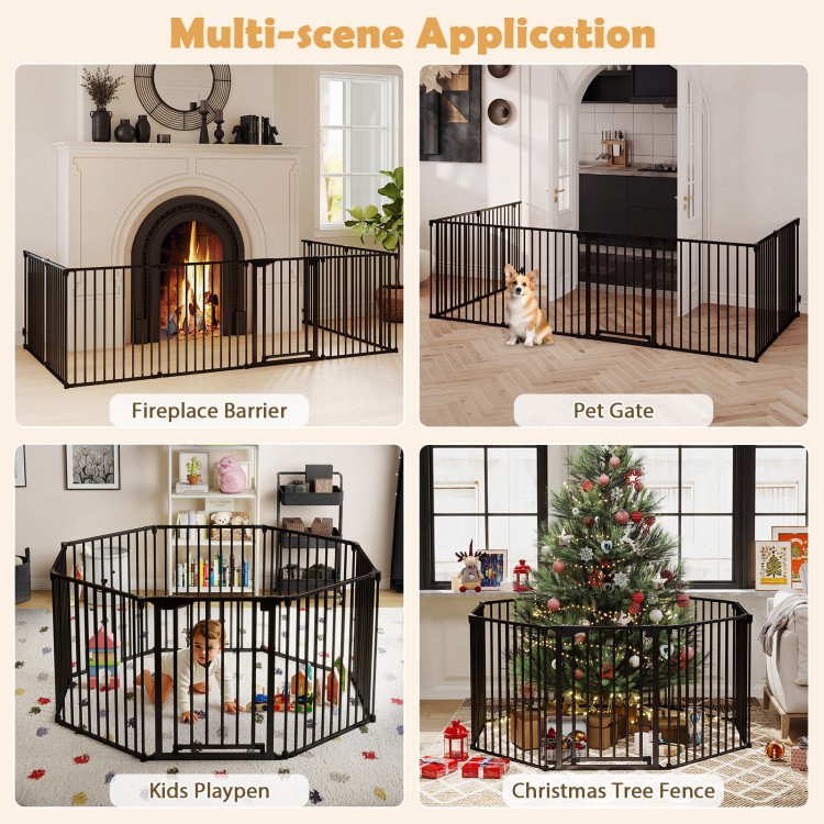 8-panel black baby gate with auto-close door, adjustable for safety around fireplaces, stairs, and play areas.