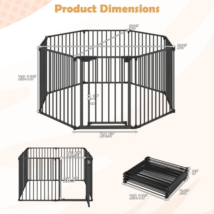 Dimensions of the 8-panel black baby gate safety fence, adjustable for various openings, with auto-close door feature.