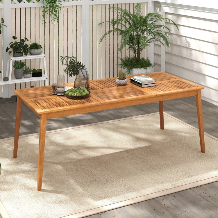 Rectangular outdoor dining table made of acacia wood, seats 8, features umbrella hole, perfect for patio gatherings.