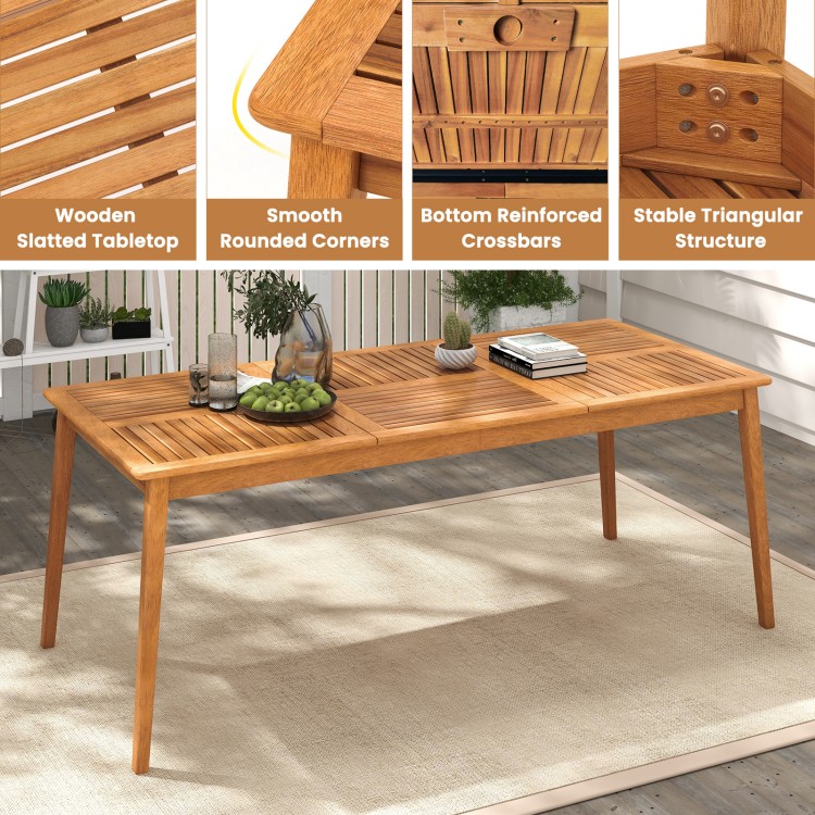 Rectangular acacia wood dining table for 8 with umbrella hole, featuring a smooth slatted surface and sturdy design.