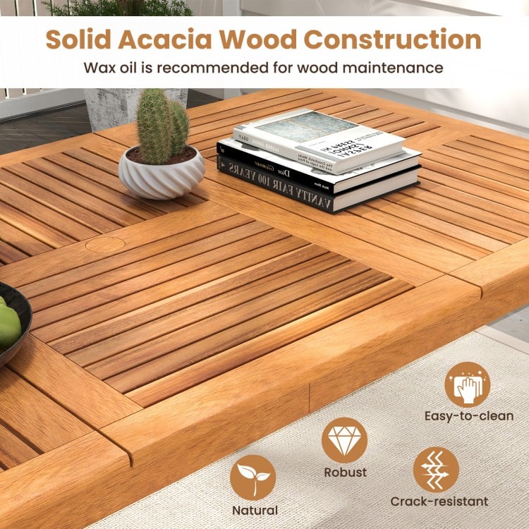 Rectangular 8-person outdoor dining table made of solid acacia wood, featuring a natural finish and umbrella hole for.