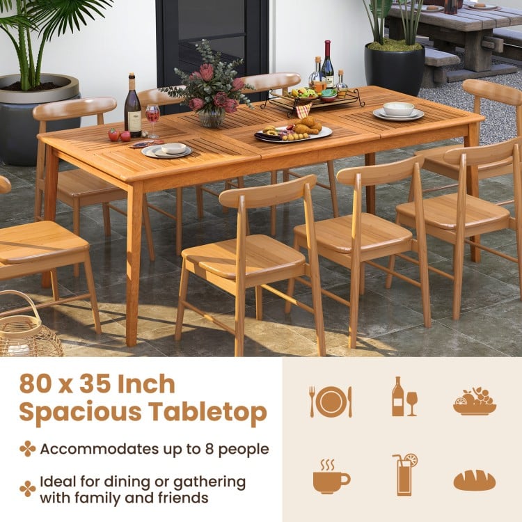 Rectangular acacia wood dining table, 80 x 35 inches, seats 8, perfect for outdoor gatherings with umbrella hole.