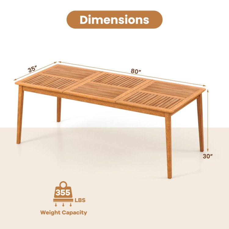 Rectangular acacia wood dining table with umbrella hole, dimensions 80"x35"x30", seats 8 for outdoor gatherings.