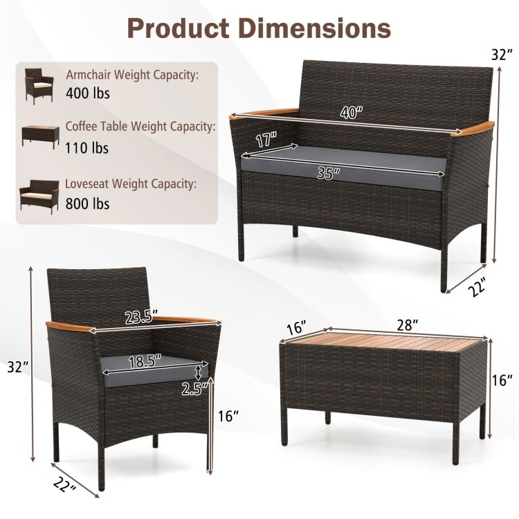 Detailed product dimensions of the 8 Piece Patio Wicker Sofa Set, showcasing armchair and loveseat capacities and sizes.