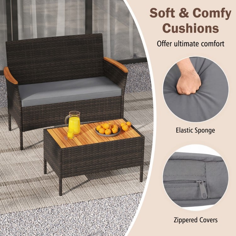 Gray patio wicker sofa set featuring soft cushions, acacia wood armrests, and a stylish coffee table for outdoor.
